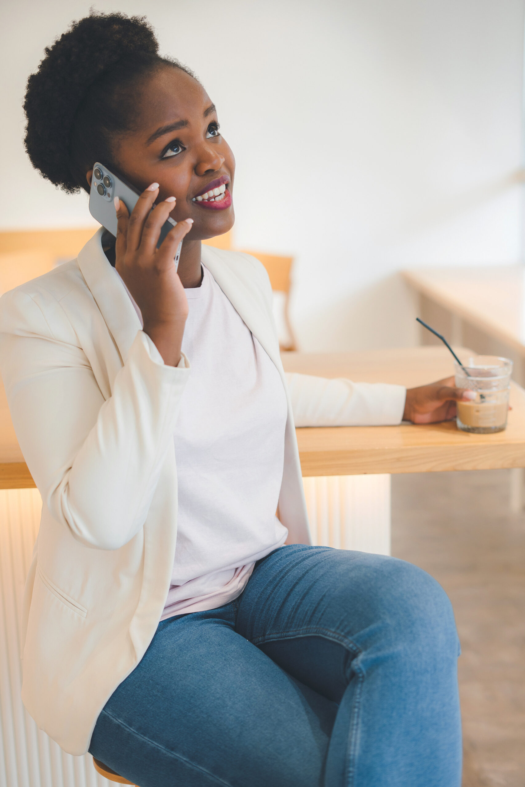 Young Afro Woman Wearing White Jacket Having Summer Morning Coff
